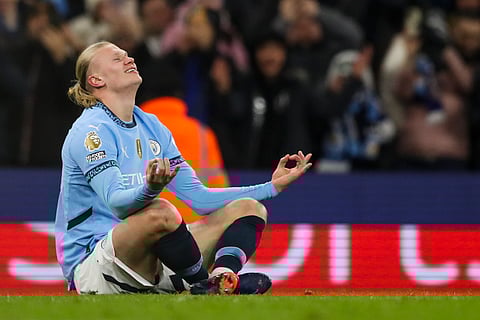 Manchester City's Erling Haaland celebrates after scoring his side's second goal during the English Premier League soccer match between Manchester City and Chelsea at Etihad Stadium in Manchester, England, Saturday, Jan. 25, 2025.