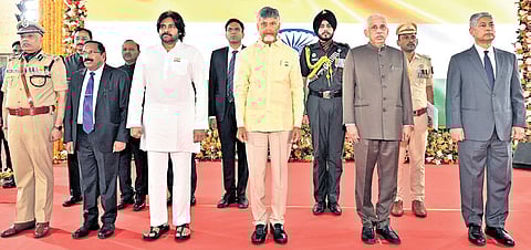 Governor S Abdul Nazeer with CM N Chandrababu Naidu, Dy CM K Pawan Kalyan and other dignitaries during ‘At Home’ in Vijayawada on Sunday