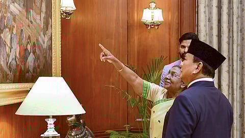 In this image released by President's Office on Jan. 25, 2025, President Droupadi Murmu with President of Indonesia Prabowo Subianto during a meeting at Rashtrapati Bhavan, in New Delhi. 