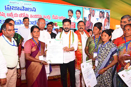 Chief Minister A Revanth Reddy launching the Indiramma Aatmeeya Bharosa scheme and issuing.