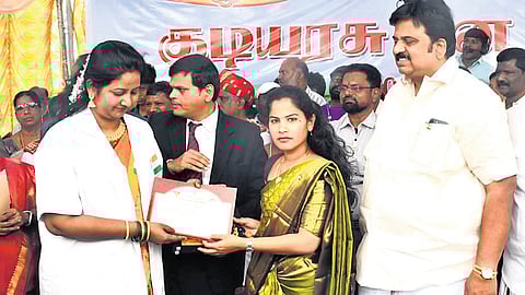Chennai Mayor R Priya hands over medals and certificates to medical officers who had rendered excellent service in the family welfare projects at the district level, at the Ripon Buildings on Sunday 