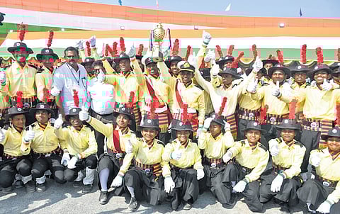 AP Social Welfare Residential Educational Institutional Society contingent in joy as they bag first place during Republic Day parade at IGMC Stadium