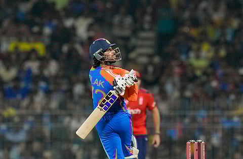 India's batter Tilak Varma plays a shot during the second T20 cricket match between India and England, at M.A. Chidambaram Stadium, in Chennai, Saturday, Jan. 25, 2025.
