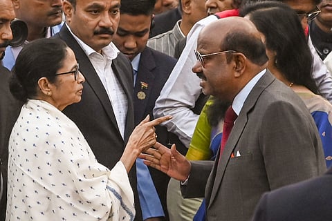  West Bengal Governor C.V. Ananda Bose and Chief Minister Mamata Banerjee during the 'At-Home' reception on the occasion of the 76th Republic Day, at Raj Bhavan, in Kolkata, Sunday, Jan. 26, 2025.