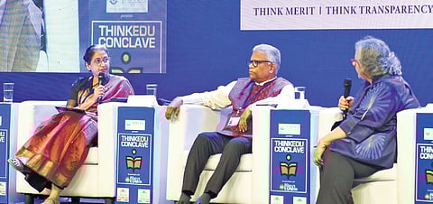 Economist and member of the Economic Advisory Council to the Prime Minister, Sanjeev Sanyal (L), speaks at the Think Edu Conclave in Chennai on Tuesday, Jan. 28, 2025.