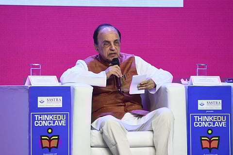 Subramanian Swamy speaking at the ThinkEdu Conclave 2025 (Express Photo | Ashwin Prasath)