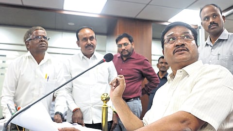 HYDRAA Commissioner AV Ranganath interacts with a complainant during the Prajavani programme in Hyderabad on Monday 