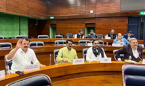 DMK's A Raja along with TMC's Kalyan Banerjee, Shiv Sena UBT's Arvind Sawant, and DMK's Mohamed Abdulla during a meeting of the Joint Parliamentary Committee on the Waqf (Amendment) Bill, in New Delhi. 