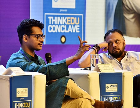 Anirudh V Kanisetti, writer & researcher speaking with Ravi Shankar, Consulting Editor of The Sunday Standard, at the ThinkEdu Conclave in Chennai on Tuesday, January 28, 2025.