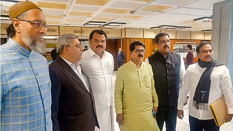 AIMIM MP Asaduddin Owaisi, TMC MP Kalyan Banerjee, and other opposition members after a meeting of the Joint Parliamentary Committee on the Waqf (Amendment) Bill, in New Delhi, Monday, Jan. 27, 2025