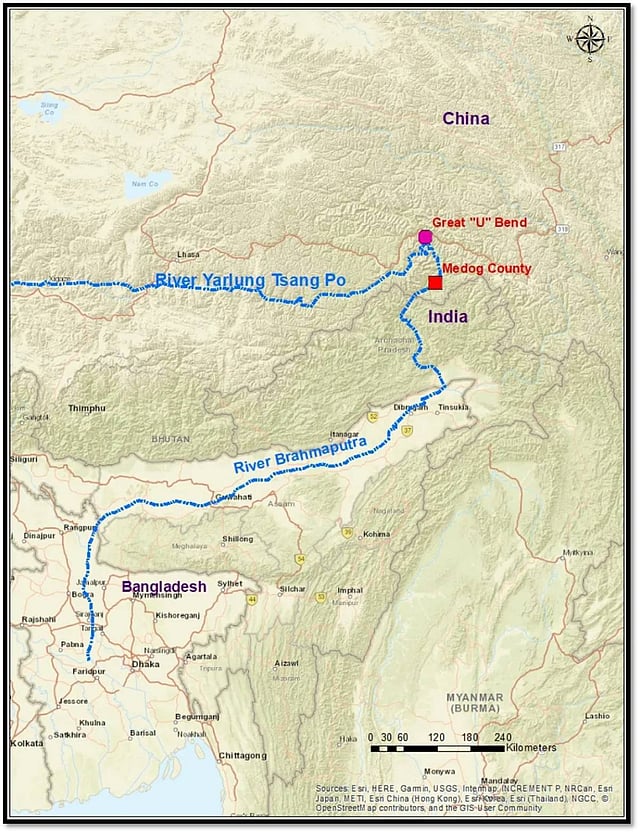 The location of the proposed dam site at Medog County (Image: Takshashila Geospatial Bulletin)