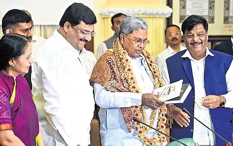 Chief Minister Siddramaiah and Social Welfare Minister Dr HC Mahadevappa at a Scheduled Castes (SC) and Scheduled Tribes (ST) Awareness Committee meeting at Vidhana Soudha in Bengaluru on Tuesday 