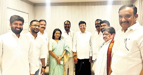 Senior Congress leaders and corporators, along with the mayor, meet ahead of GHMC special and ordinary meetings in Hyderabad, on Wednesday.