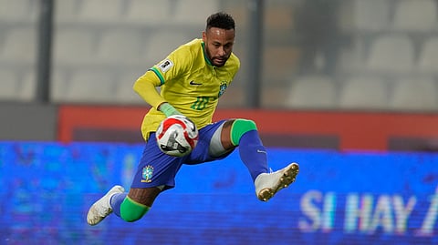 Brazil's Neymar controls the ball during a qualifying soccer match for the FIFA World Cup 2026 against Peru at National stadium in Lima, Peru, Tuesday, Sept. 12, 2023.