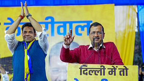 AAP national convener Arvind Kejriwal addresses a public meeting in support of party candidate Gaurav Sharma.
