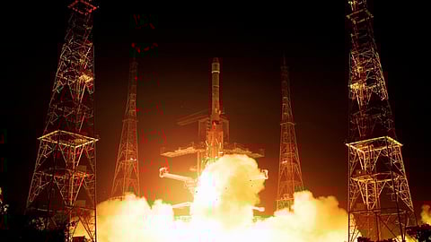 SRO's Geosynchronous Satellite Launch Vehicle (GSLV)  carrying navigation satellite NVS-02 lifts off from Satish Dhawan Space Centre in Andhra Pradesh's Tirupati. This is ISRO's historic 100th mission.