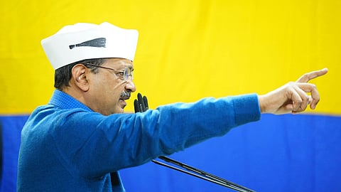 AAP national convener Arvind Kejriwal addresses a public meeting in support of party candidate Ajesh Yadav ahead of the Delhi Assembly elections, in New Delhi.