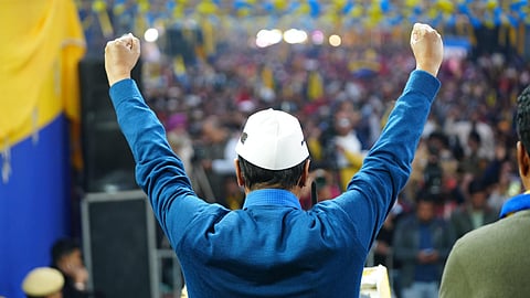 AAP national convener Arvind Kejriwal addresses a public meeting in support of party candidate Ajesh Yadav ahead of the Delhi Assembly elections, in New Delhi.