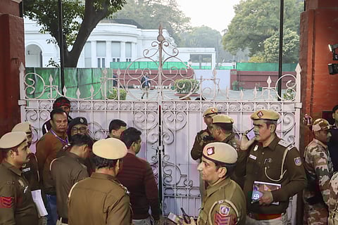 Police personnel outside Punjab Chief Minister Bhagwant Mann's Kapurthala House residence, in New Delhi, Thursday, Jan. 30, 2025. AAP on Thursday claimed that a team of Election Commission officials reached Kapurthala House for search. 