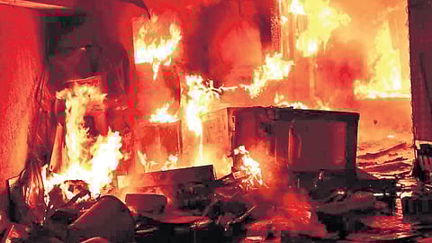 The fire that broke out at a home appliance warehouse near the Brahma Temple in Amaravati, Fort Kochi, on Wednesday night| Express
