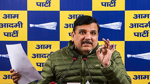  Aam Aadmi Party (AAP) leader Sanjay Singh addresses a press conference, in New Delhi, Thursday.