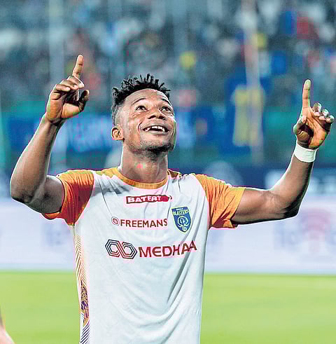 KBFC’s Kwame Peprah celebrates after scoring against CFC on Thursday