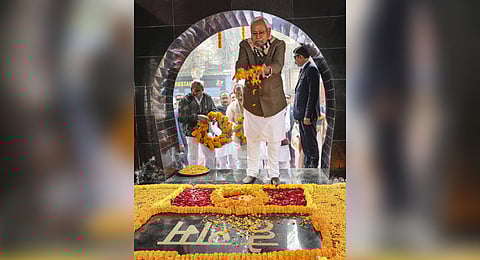 Bihar Chief Minister Nitish Kumar pays tribute to Mahatma Gandhi on his death anniversary, observed as Martyrs' Day, in Patna, Thursday, Jan. 30, 2025. 