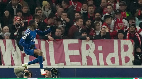 PSG's Ousmane Dembele celebrates after scoring his side's third goal during the Champions League opening phase soccer match between Stuttgart and Paris Saint-Germain at the Stuttgart Arena in Stuttgart, Germany, Wednesday, Jan. 29, 2025.