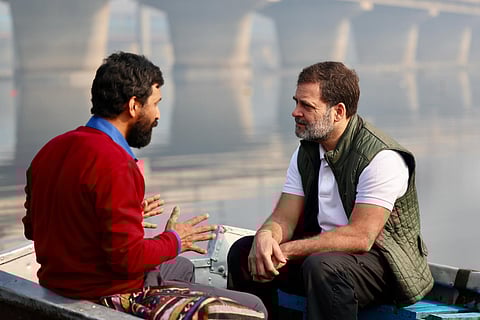  LoP in the Lok Sabha and Congress leader Rahul Gandhi during a visit at the Yamuna river amid a controversy surrounding contamination of the river water, in New Delhi.