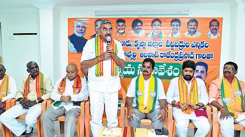 TDP MLC candidate Alapati Rajendra Prasad addressing a meeting 