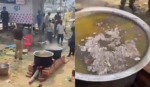 The sub-inspector seen putting sand in Mahakumbh Bhandara (L); the food 
