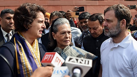 Lok Sabha LoP and Congress MP Rahul Gandhi, Congress Parliamentary Party chairperson Sonia Gandhi, and party General Secretary Priyanka Gandhi Vadra at Parliament House on the first day of the Budget Session in New Delhi on Friday.