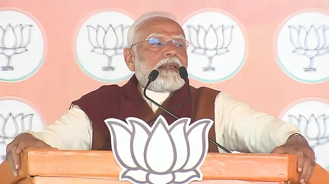 Prime Minister Narendra Modi addressing a rally in the Dwarka area.