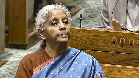 Union Finance Minister Nirmala Sitharaman during the joint sitting of both Houses of Parliament addressed by President Droupadi Murmu marking the start for the Budget session, in New Delhi, Friday, Jan. 31, 2025.