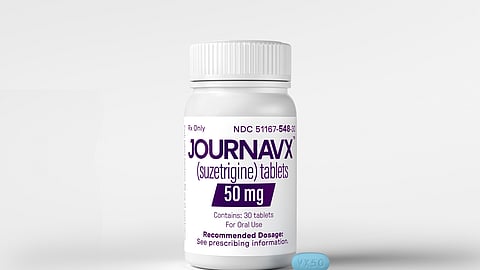 This photo provided by Vertex Pharmaceuticals in January 2025 shows a tablet and bottle of the JOURNAVX (suzetrigine) medication. 
