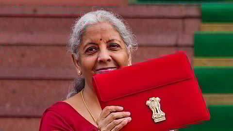 Union Finance Minister Nirmala Sitharaman upon her arrival at the Parliament House complex to present the Union Budget 2025-26, in New Delhi, Saturday, Feb. 1, 2025.