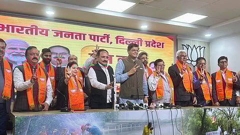 AAP MLAs Bhavna Gaud, Madan Lal, Girish Soni, Rajesh Rishi, Naresh Yadav, Pawan Sharma, Rohit Mehraulia and others join BJP in presence of Delhi BJP chief Virender Sachdeva and other leaders, in New Delhi, Saturday, Feb. 1, 2025. 