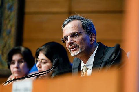 Chief Economic Advisor V. Anantha Nageswaran addresses a press conference after tabling of the Economic Survey 2024-25 in Parliament by Union Finance Minister Nirmala Sitharaman.