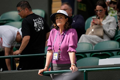 Pam Shriver is seen ahead of the women's singles match at the Wimbledon tennis championships in London, Thursday, July 6, 2023. 