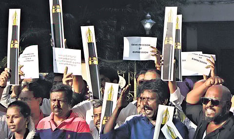 Chennai Press Club members and journalists protesting against SIT’s seizure of mobile phones of reporters, at the Press Club in Chennai on Saturday.