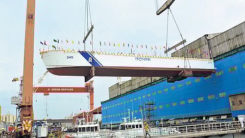 The Fast Patrolling Vessel built by the Cochin Shipyard for the Indian Coast Guard being launched on Tuesday