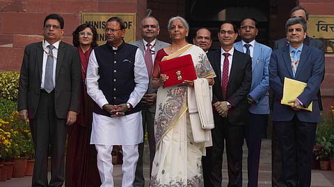 Union Finance Minister Nirmala Sitharaman outside the Finance Ministry ahead of the presentation of the Union Budget 2025-26, in New Delhi, Saturday.