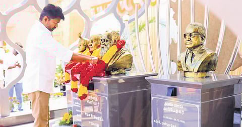 TVK founder Vijay unveiled the busts at the party headquarters on Sunday 