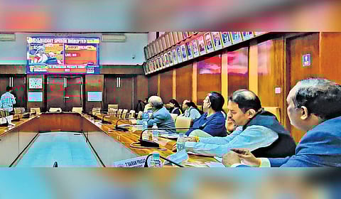 Federation of Karnataka Chambers of Commerce and Industry board members watch the Union Budget proceedings in Bengaluru on Saturday