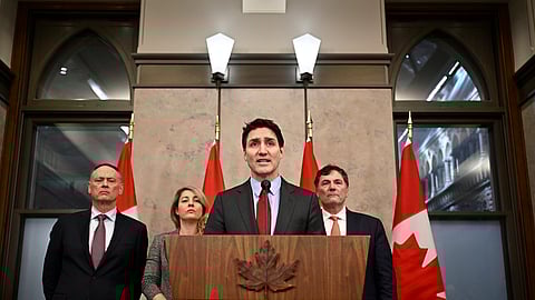 Canada's Prime Minister Justin Trudeau addresses media following the imposition of a raft of tariffs by U.S. President Donald Trump against Canada, Mexico and China, in Ottawa, Saturday, Feb. 1, 2025