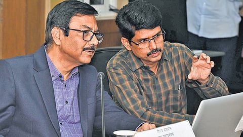 SCR general manager Arun Kumar Jain along with other officials during the virtual press conference on the Railway budget at Rail Nilayam in Secunderabad 