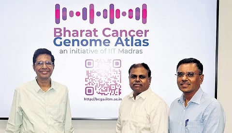 Prof. V. Kamakoti, Director, IIT Madras, 2. Prof. S. Mahalingam, Head, Centre of Excellence on Cancer Genomics and Molecular Therapeutics, IIT Madras, 3. Dr. Sridhar Sivasubbu, Chief Diagnostics & Research Officer, Karkinos Healthcare, at IIT Madras 
