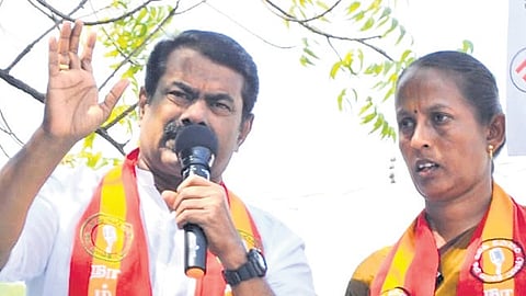 NTK chief Seeman with his candidate in Erode on Monday.