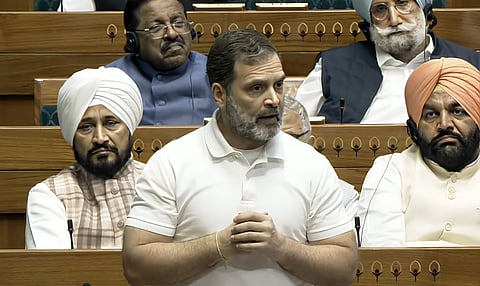 Leader of Opposition in the Lok Sabha Rahul Gandhi speaks in the House during the Budget session of Parliament, in New Delhi,