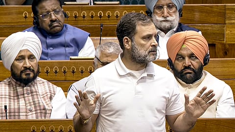 Leader of Opposition in the Lok Sabha Rahul Gandhi speaks in the House during the Budget session of Parliament, in New Delhi,